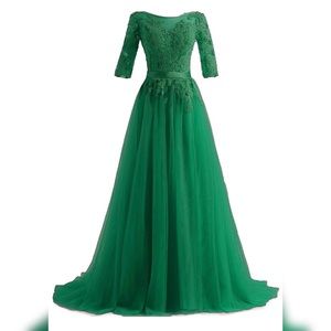 Plus Long Evening Dress with Lace Half Sleeves